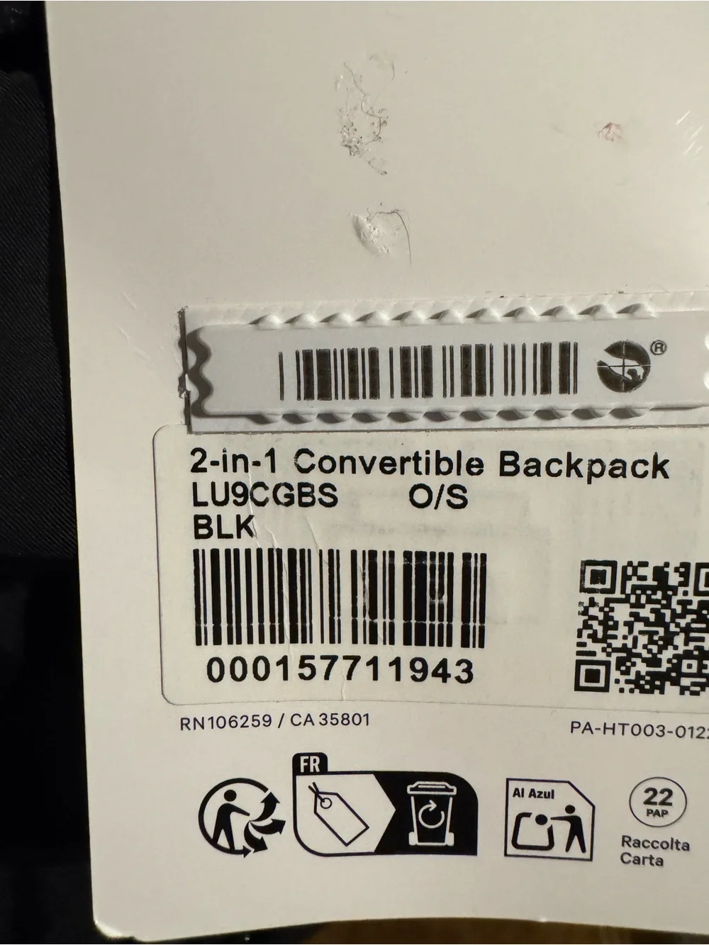 lululemon athletica Black 2-in-1 Convertible Backpack